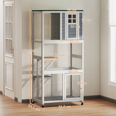 PawHut Wooden Catio Cat Outdoor Enclosure, Cat Cage with Waterproof Roof, Platforms, for Multiple Cats, White 
