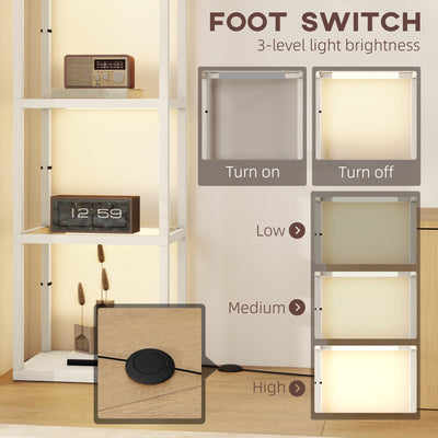HOMCOM LED Floor Lamp with Glass Shelves, 4 Layers Dimmable Tall Standing Lamp, Modern Column Shelf Floor Light for Living Room, Bedroom, Office, Oak 