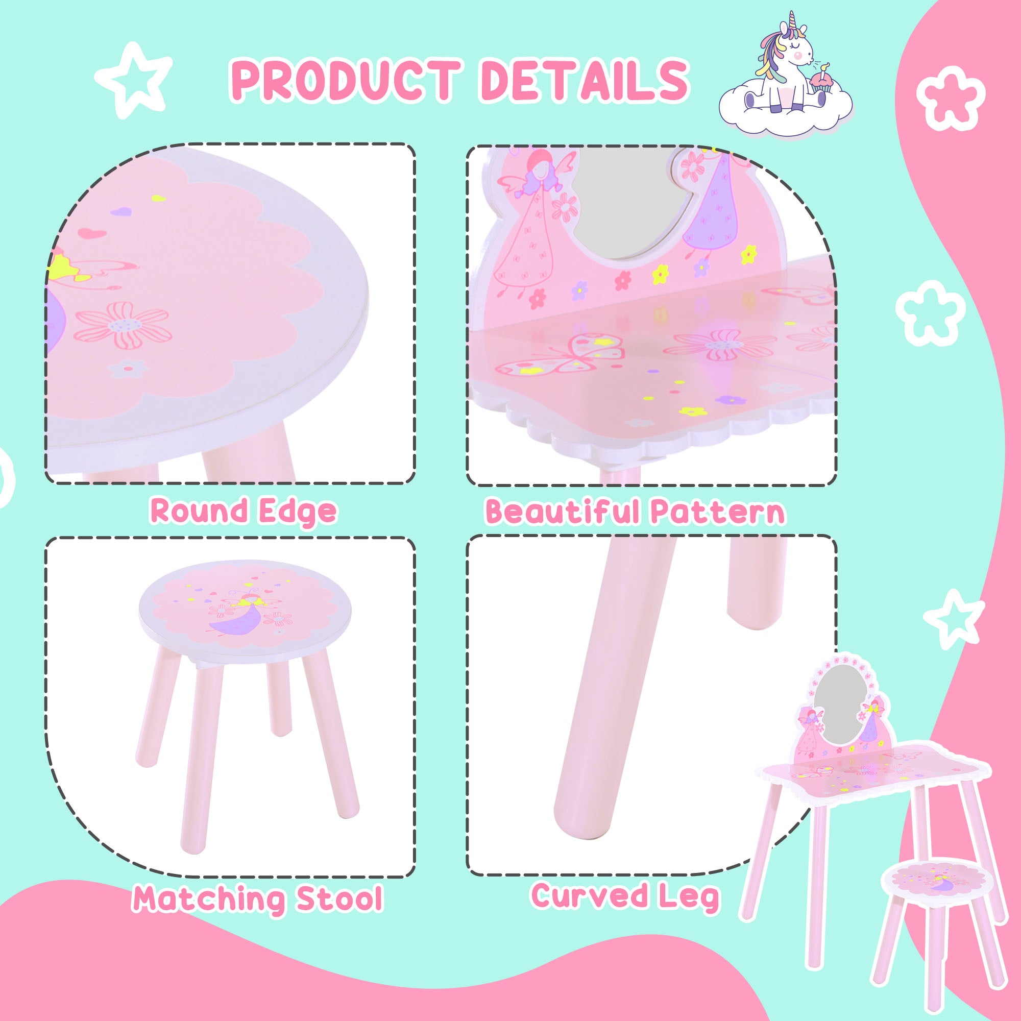 HOMCOM Kids Dressing Table Girls Pink Wooden Kids Dressing Table & Stool Make Up Desk Chair Toys Fairy Dresser Play Set w/Mirror 