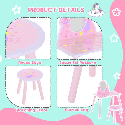HOMCOM Kids Dressing Table Girls Pink Wooden Kids Dressing Table & Stool Make Up Desk Chair Toys Fairy Dresser Play Set w/Mirror 