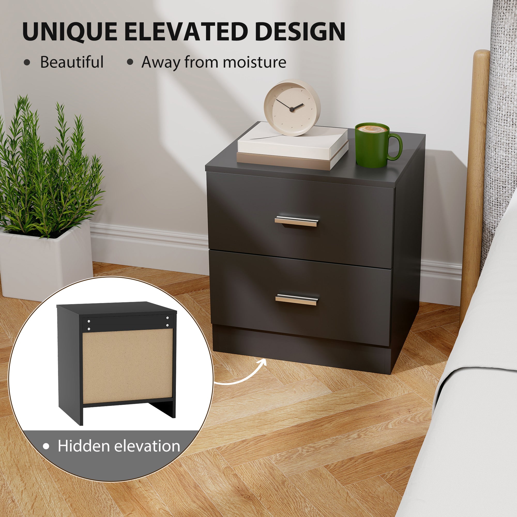 HOMCOM Modern Bedside Table, Beside Cabinet with 2 Drawers, for Bedroom, Living Room, Black 