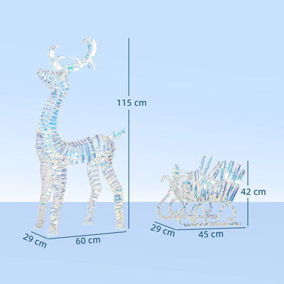 Outsunny Lighted Christmas Reindeer with Sleigh, Outdoor Yard Reindeer with 170 Warm White LED Lights, Holiday Decor with Stakes, Waterproof, Silver 
