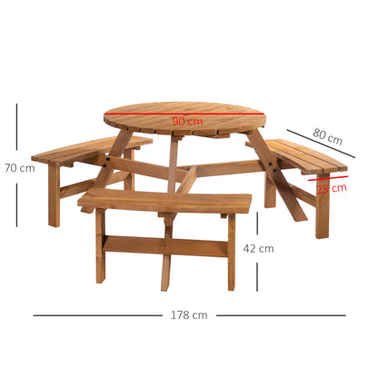 Outsunny 6 Seater Wooden Picnic Table and Garden Benches Set, Round Garden Dining Set with 3 Benches and Umbrella Hole Outdoor Garden Park, Brownish Red 