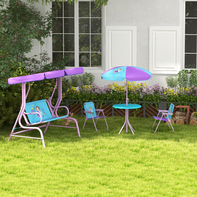 Outsunny 4PCs Kids Garden Furniture Set w/ 2 Seater Garden Swing Chair with Adjustable Canopy, Childrens Table and Chair Set with Parasol, for Toddler Girls 3-6 Years Old 