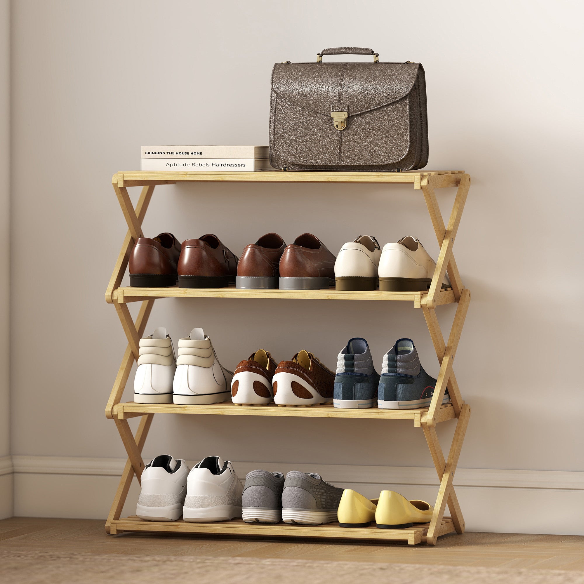 HOMCOM Four-Tier Folding Bamboo Shoe Rack - Natural Finish 