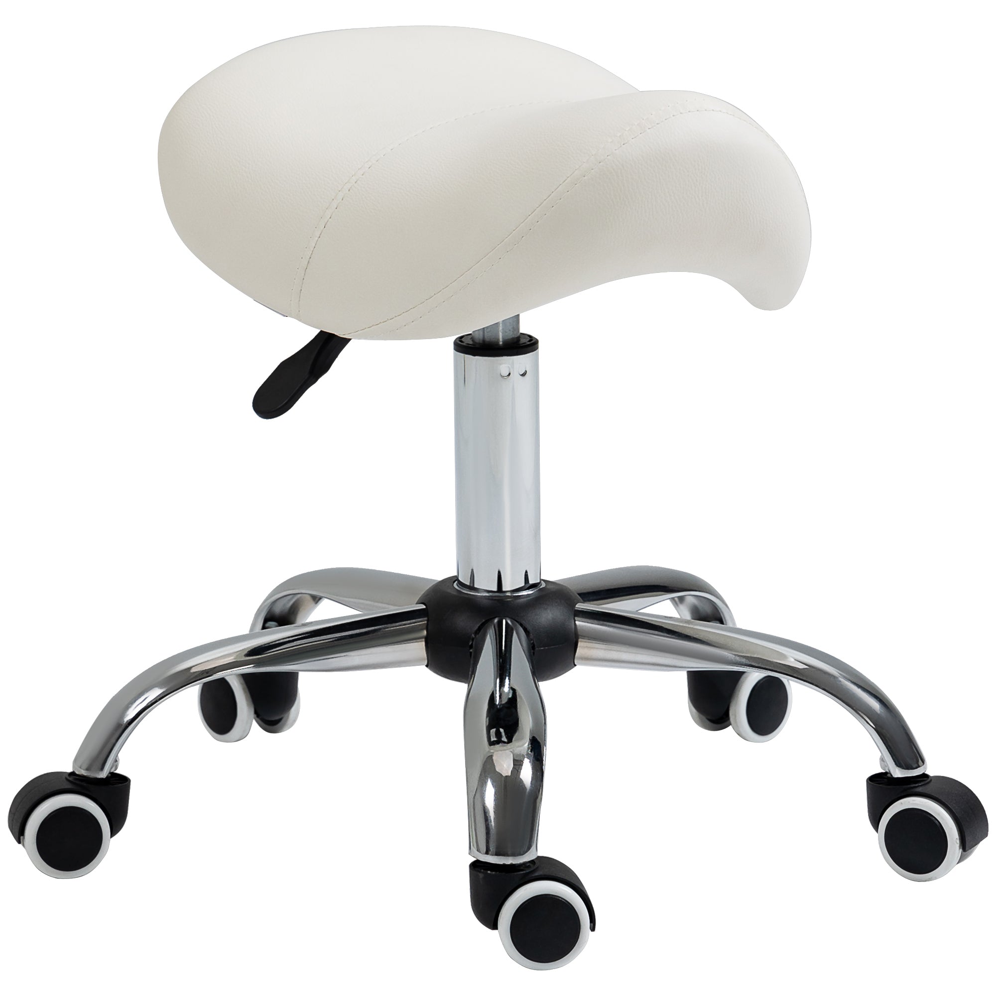 HOMCOM Cosmetic Stool 360\'c2\'b0 Rotate Height Adjustable Salon Massage Spa Chair Hydraulic Rolling Faux Leather Saddle Stool, Cream