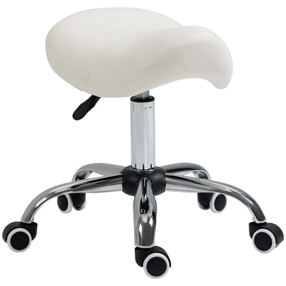 HOMCOM Cosmetic Stool 360\'c2\'b0 Rotate Height Adjustable Salon Massage Spa Chair Hydraulic Rolling Faux Leather Saddle Stool, Cream