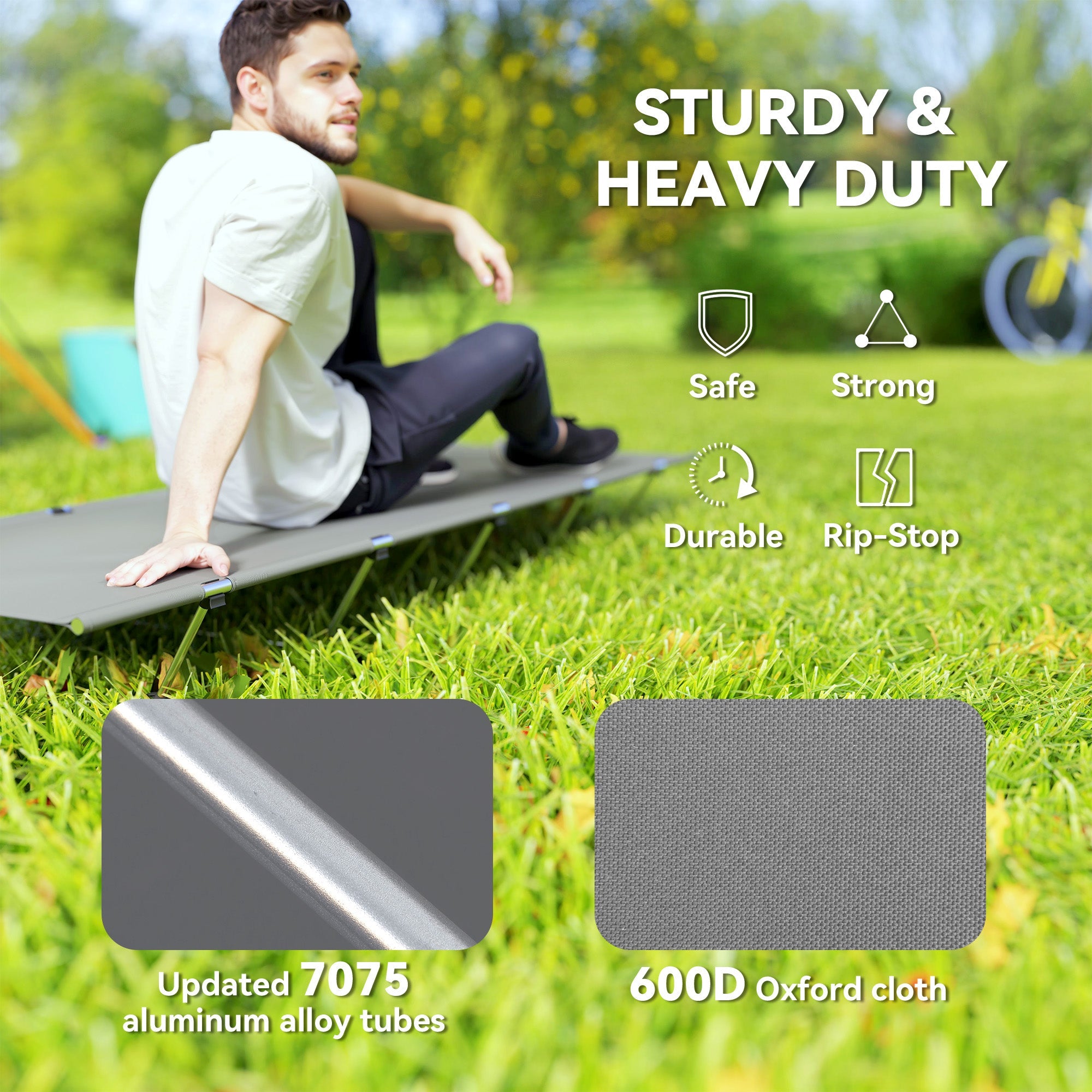 Outsunny Lightweight Camping Bed, Aluminium Portable Camp Cot w/ Strong Support 150kg and Carry Bag for Camping, Dark Grey 