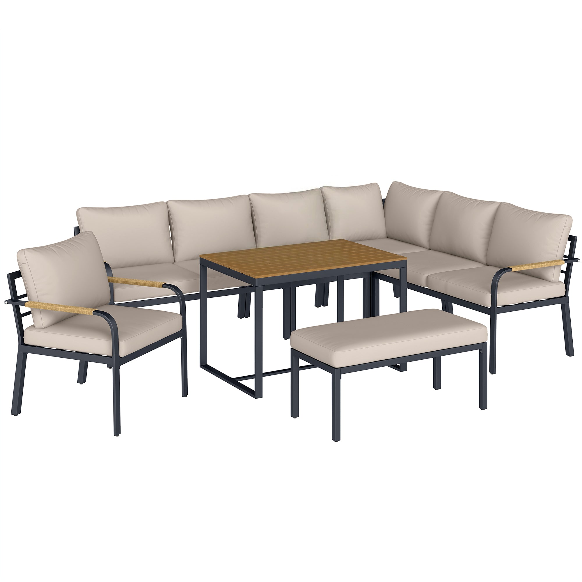 Outsunny 7 Seater Garden Furniture Set, Metal Garden Sofa Set with Cushions, Outdoor Furniture Conversation Sets, Khaki 