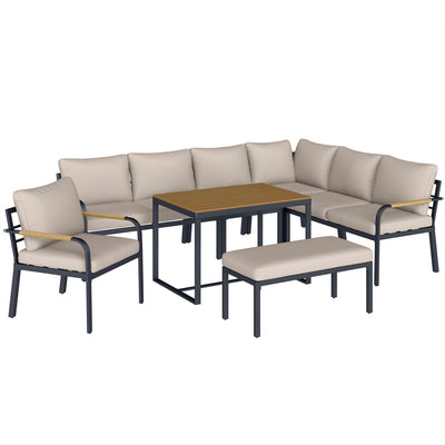 Outsunny 7 Seater Garden Furniture Set, Metal Garden Sofa Set with Cushions, Outdoor Furniture Conversation Sets, Khaki 