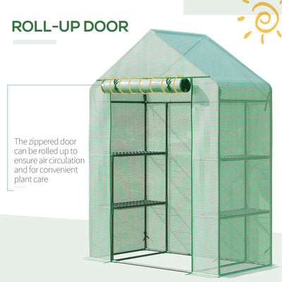 Outsunny Walk In Greenhouse with Shelves, Portable Gardening Plant Grow House for Outdoor with 2 Tier Shelf, Roll-Up Zippered Door, PE Cover, 141 x 72 x 191cm, Green 