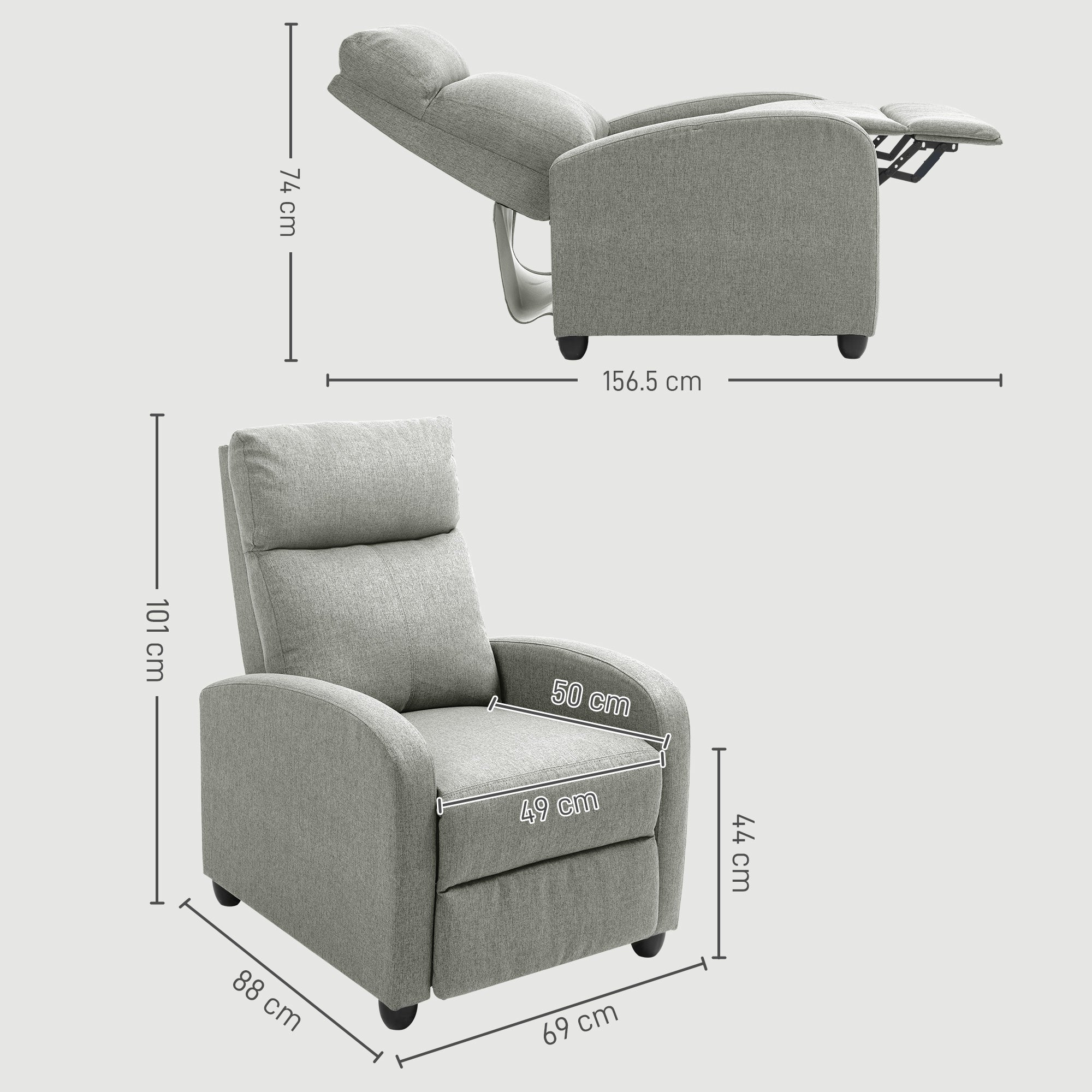HOMCOM 135\'c2\'b0 Push Back Recliner Armchair, with Footrest - Grey
