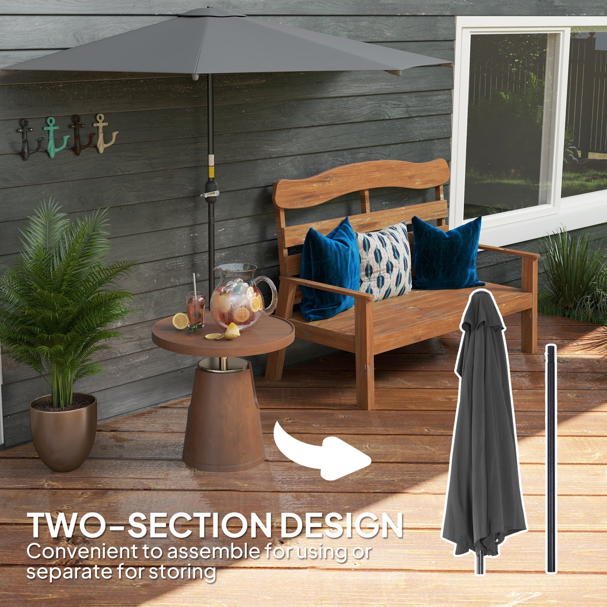 Outsunny 3(m) Half Parasol, Semi Round Umbrella with Metal Frame, Crank Handle for Balcony, Garden, Dark Grey 