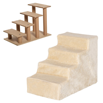PawHut Four-Step Dog Stairs, with Washable Plush Cover, for High Bed Sofa, Dog Stairs for Small Dog and Cat - Beige 