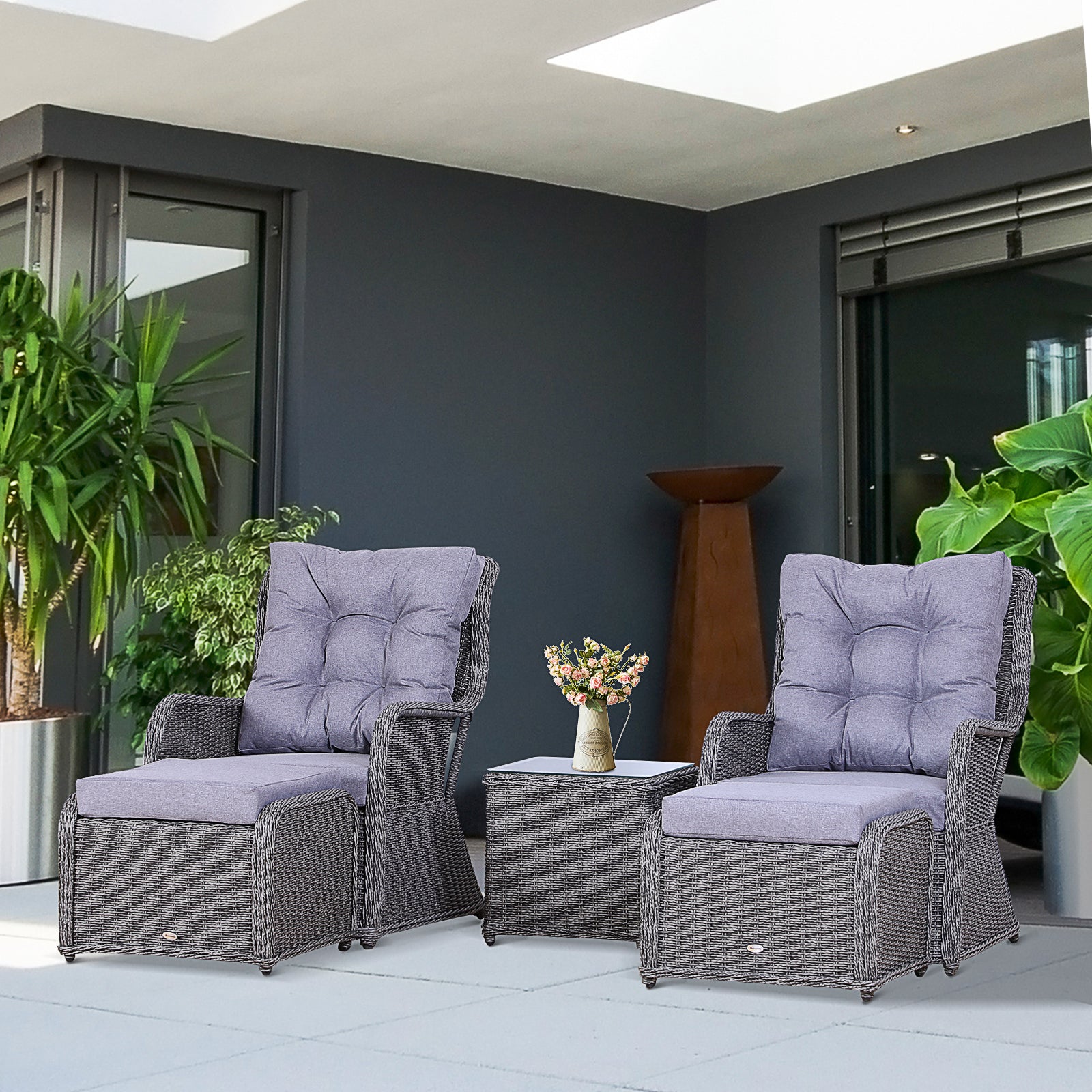 Outsunny 5PCS Deluxe Garden Rattan Furniture Sofa Chair & Stool Table Set  Patio Wicker Weave Furniture Set Aluminium Frame Fully-assembly - Grey 