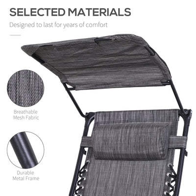 Outsunny Foldable Reclining Garden Chair with Headrest, Zero Gravity Deck Sun Lounger Seat Chair with Footrest, Armrest, Cup Holder & Canopy Shade, Grey 