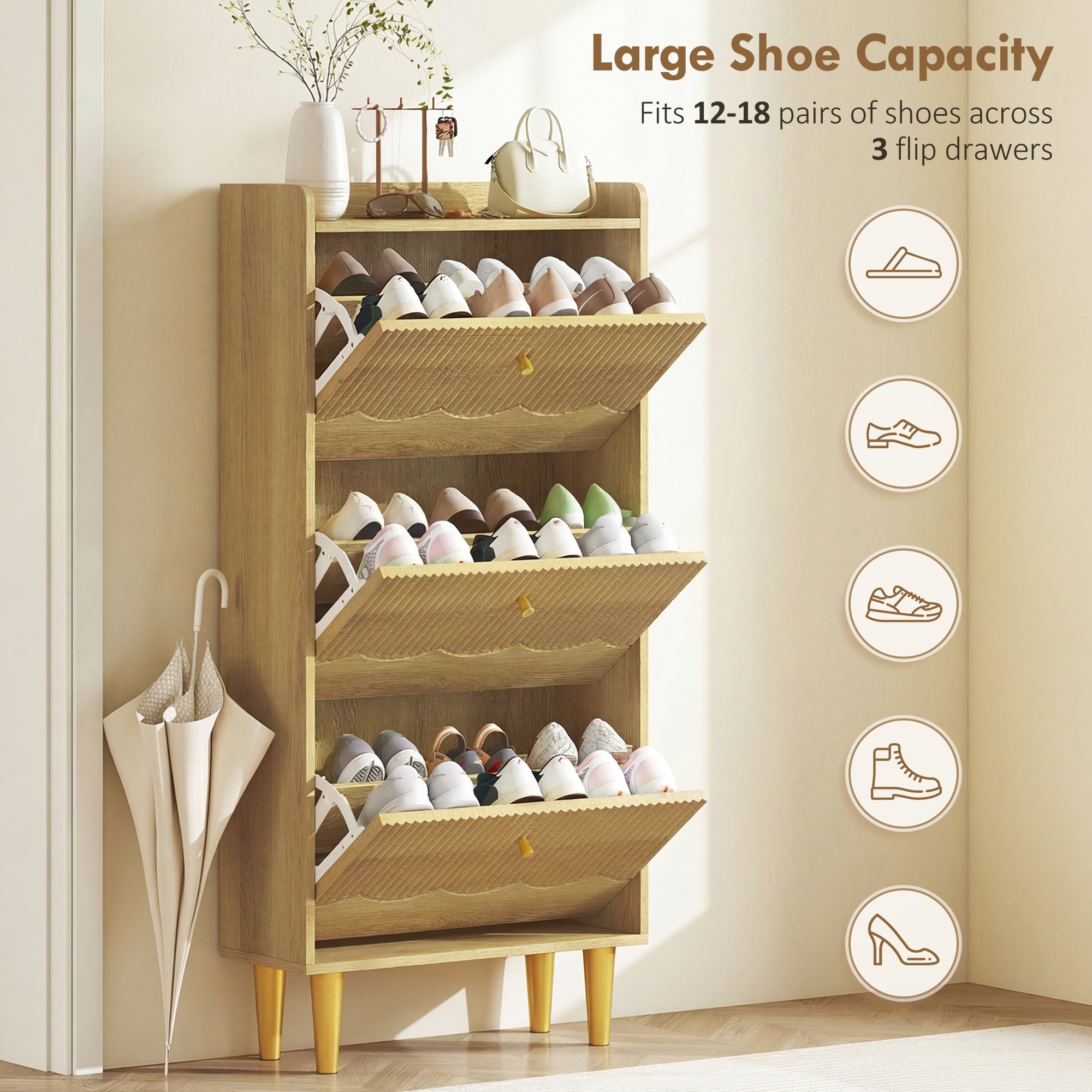 HOMCOM Narrow Shoe Cabinet, Modern Shoe Storage Cabinet with 3 Flip Drawers, Oak 