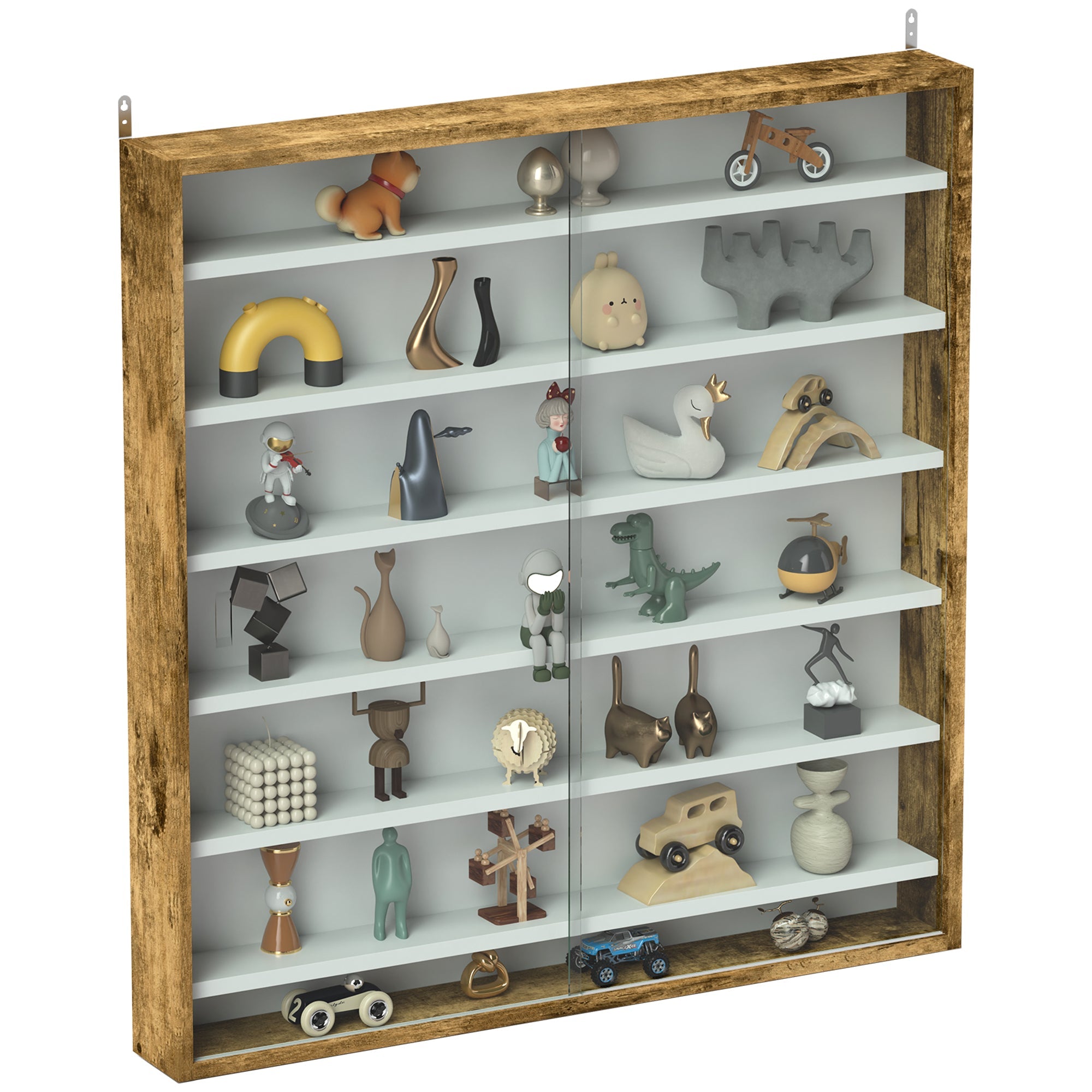 HOMCOM Six Shelf Display Cabinet, with Glass Doors - Brown 