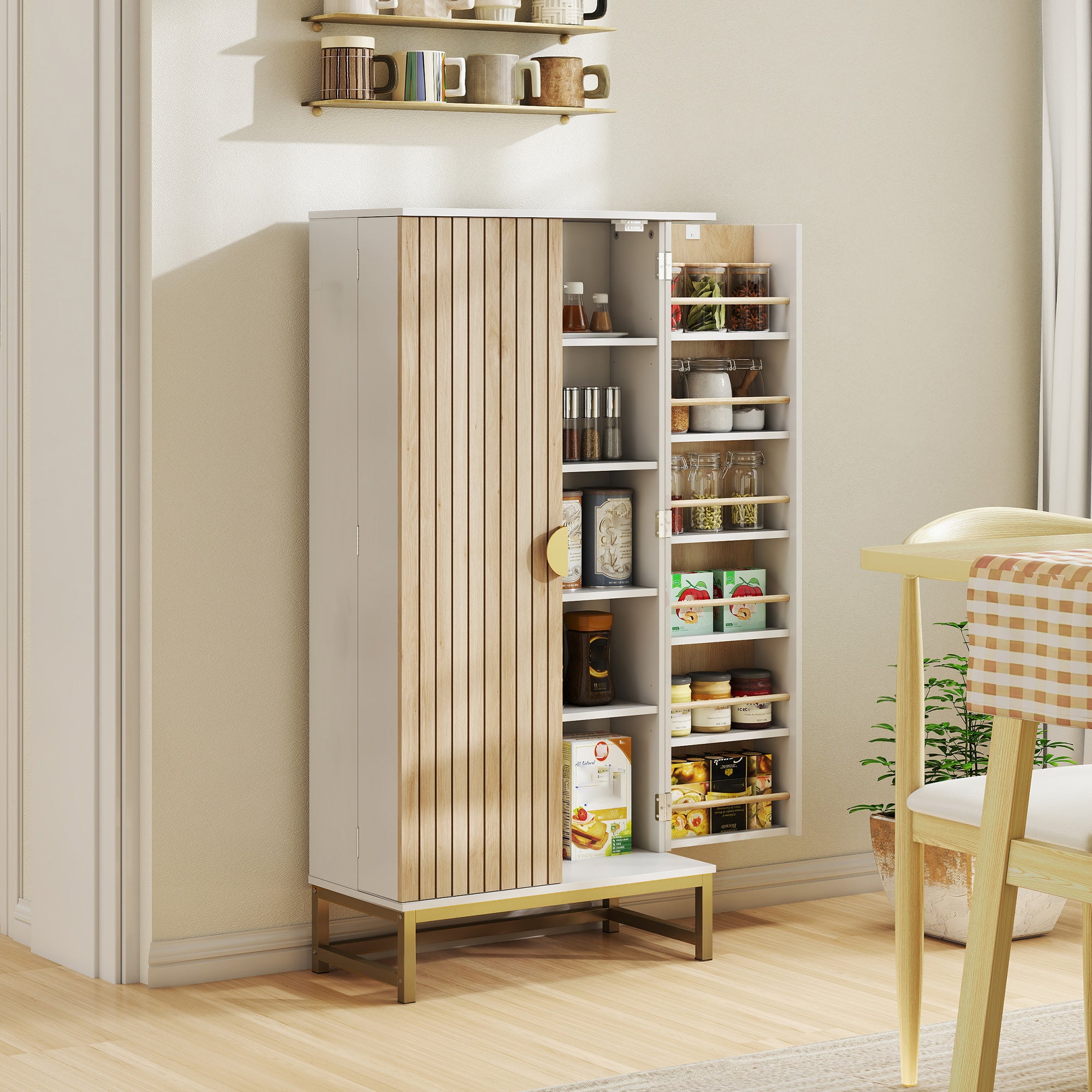 HOMCOM 119.5 cm Kitchen Cupboard, Freestanding Kitchen Cabinet with Double Doors, 5 Tiers, 12 Spice Racks, White 