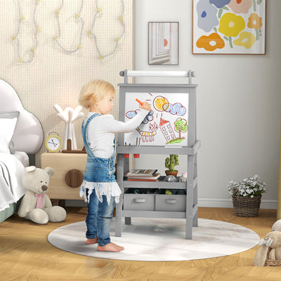 AIYAPLAY 3 in 1 Kids Easel Double-Sided Magnetic Whiteboard and Chalkboard with Paper Roll, Storage Baskets - Grey 