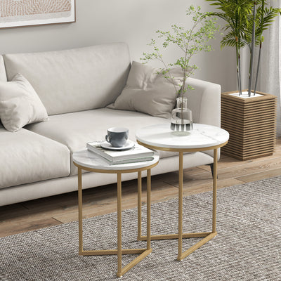 HOMCOM Set of Two Marble-Effect Nest of Tables - White/Gold-Tone 