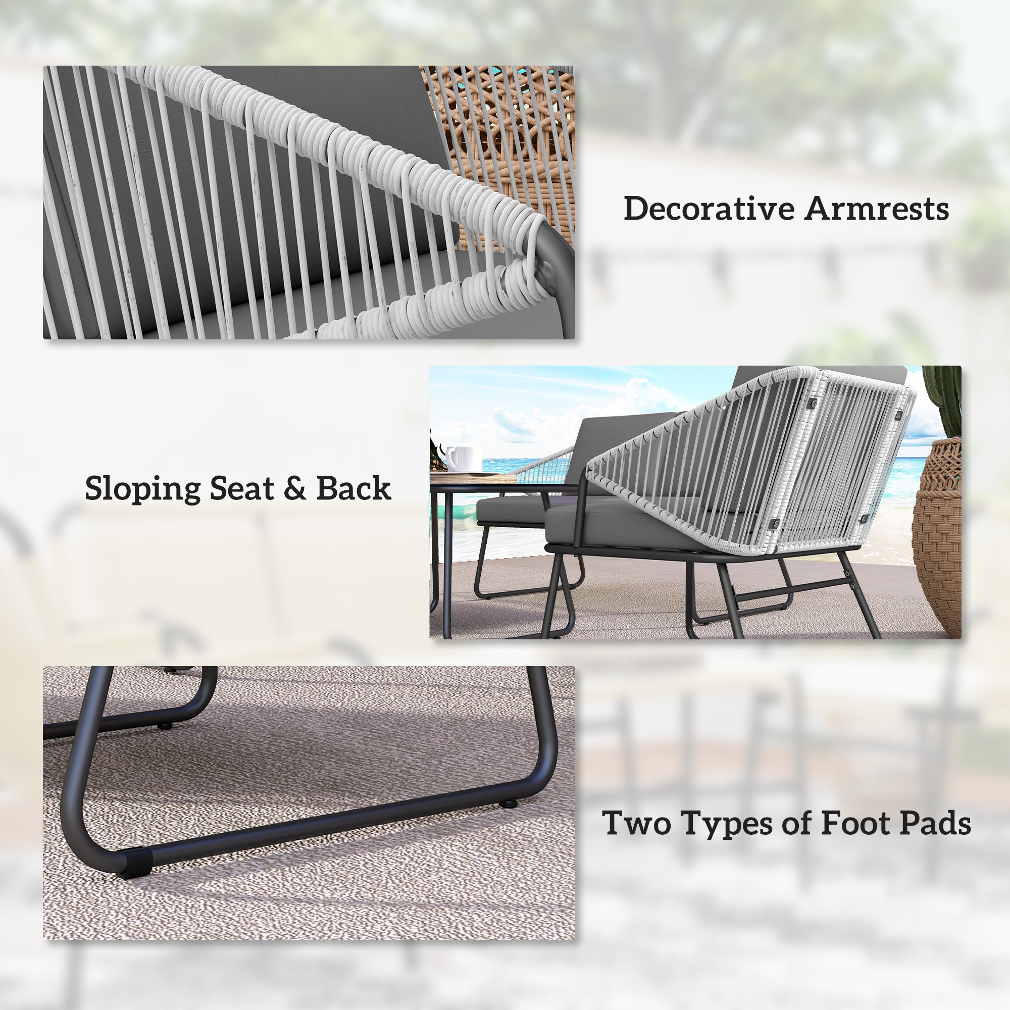 Outsunny 4 Piece Rattan Garden Furniture Set, Wicker Patio Outdoor Furniture Set with Loveseat, Armchairs, Glass Top Coffee Table and Cushions for Patio, Conservatory, Balcony, Grey