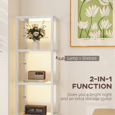 HOMCOM LED Floor Lamp with Glass Shelves, 4 Layers Dimmable Tall Standing Lamp, Modern Column Shelf Floor Light for Living Room, Bedroom, Office, Grey 