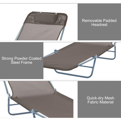 Outsunny Outdoor Foldable Sun Lounger, Adjustable Backrest Garden Recliner Sun Lounger Chair with Headrest Pillow, Coffee 