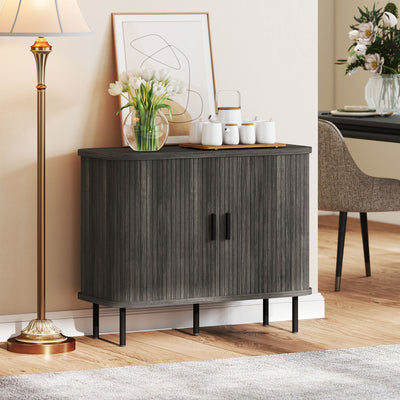 HOMCOM Mid-Century Modern Sideboard Storage Cabinet with Slatted Tambour Sliding Doors, Kitchen Cabinet with Steel Legs, Grey 