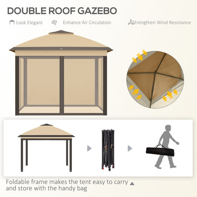 Outsunny 3.3 x 3.3m Pop Up Gazebo, Double Roof Foldable Canopy Tent with Zipped Mesh Sidewalls, Height Adjustable and Carrying Bag, Event Tent for Patio Garden, Beige 