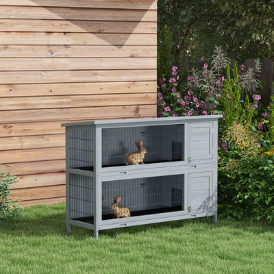 PawHut Rabbit Hutch Outdoor Guinea Pig Hutch Bunny Cage with No-Leak Trays, Divider, 136 x 50 x 93cm, Grey 