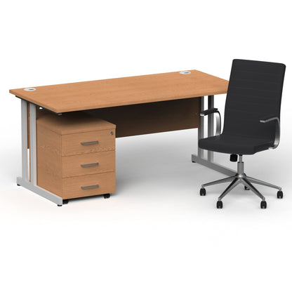 Impulse 1600mm Cantilever Straight Desk With Mobile Pedestal and Ezra Black Executive Chair