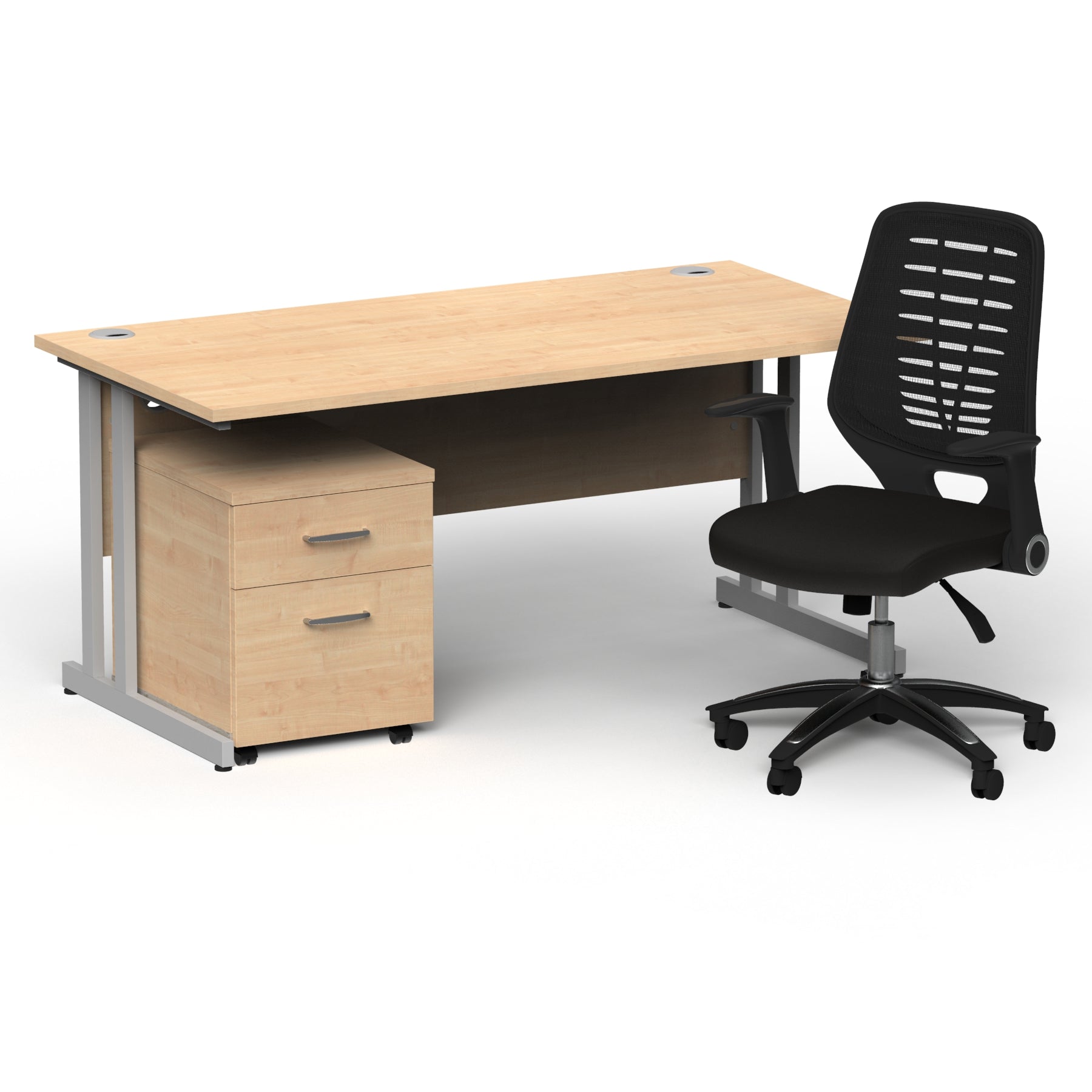 Impulse 1600mm Cantilever Straight Desk With Mobile Pedestal and Relay Black Back Operator Chair