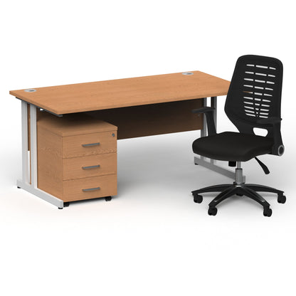 Impulse 1600mm Cantilever Straight Desk With Mobile Pedestal and Relay Black Back Operator Chair