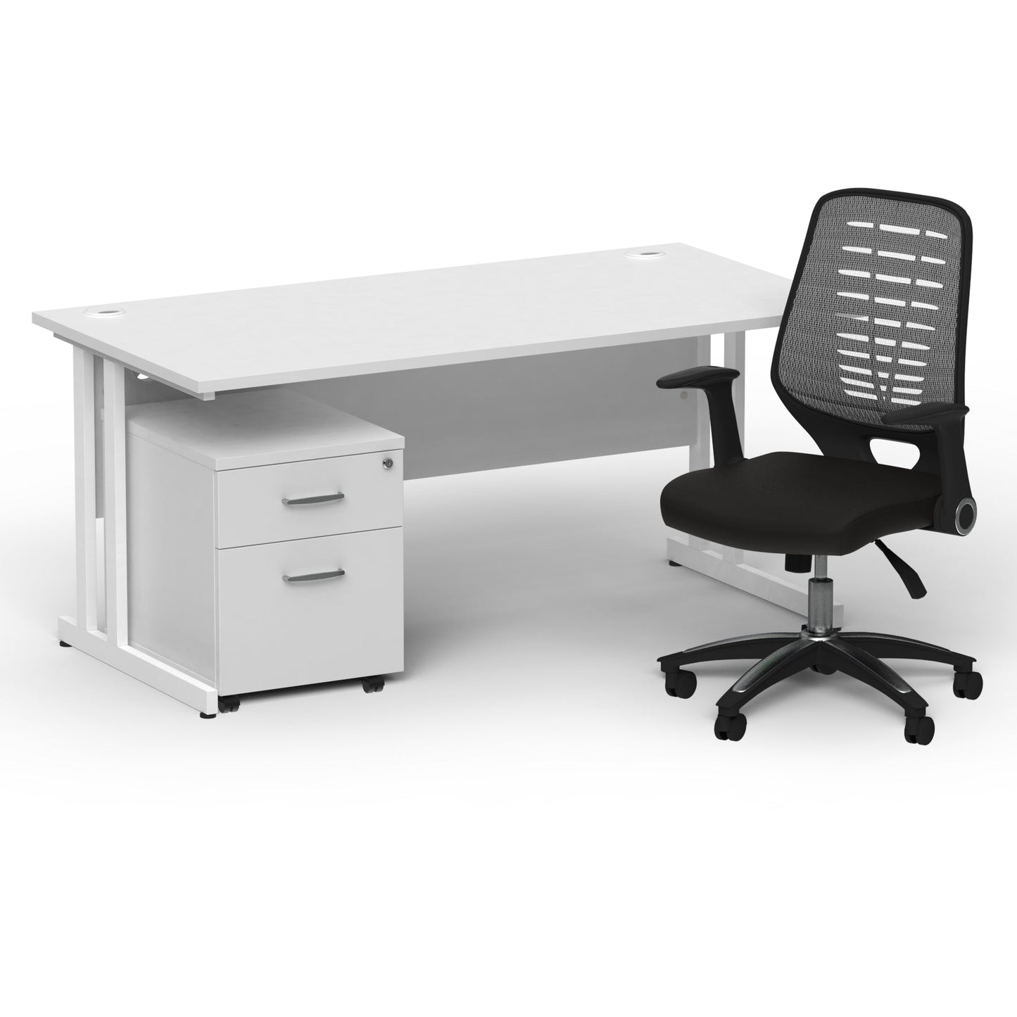 Impulse 1600mm Cantilever Straight Desk With Mobile Pedestal and Relay Silver Back Operator Chair