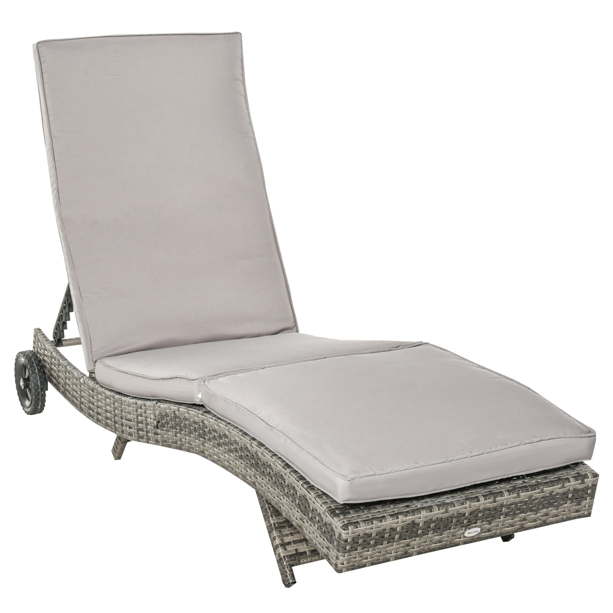 Outsunny Patio Wicker Chaise Lounge Chair, Outdoor PE Rattan Sun Lounger with Adjustable Backrest and 2 Wheels, Grey 