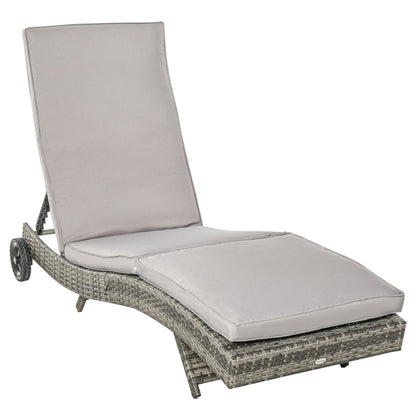 Outsunny Patio Wicker Chaise Lounge Chair, Outdoor PE Rattan Sun Lounger with Adjustable Backrest and 2 Wheels, Grey 