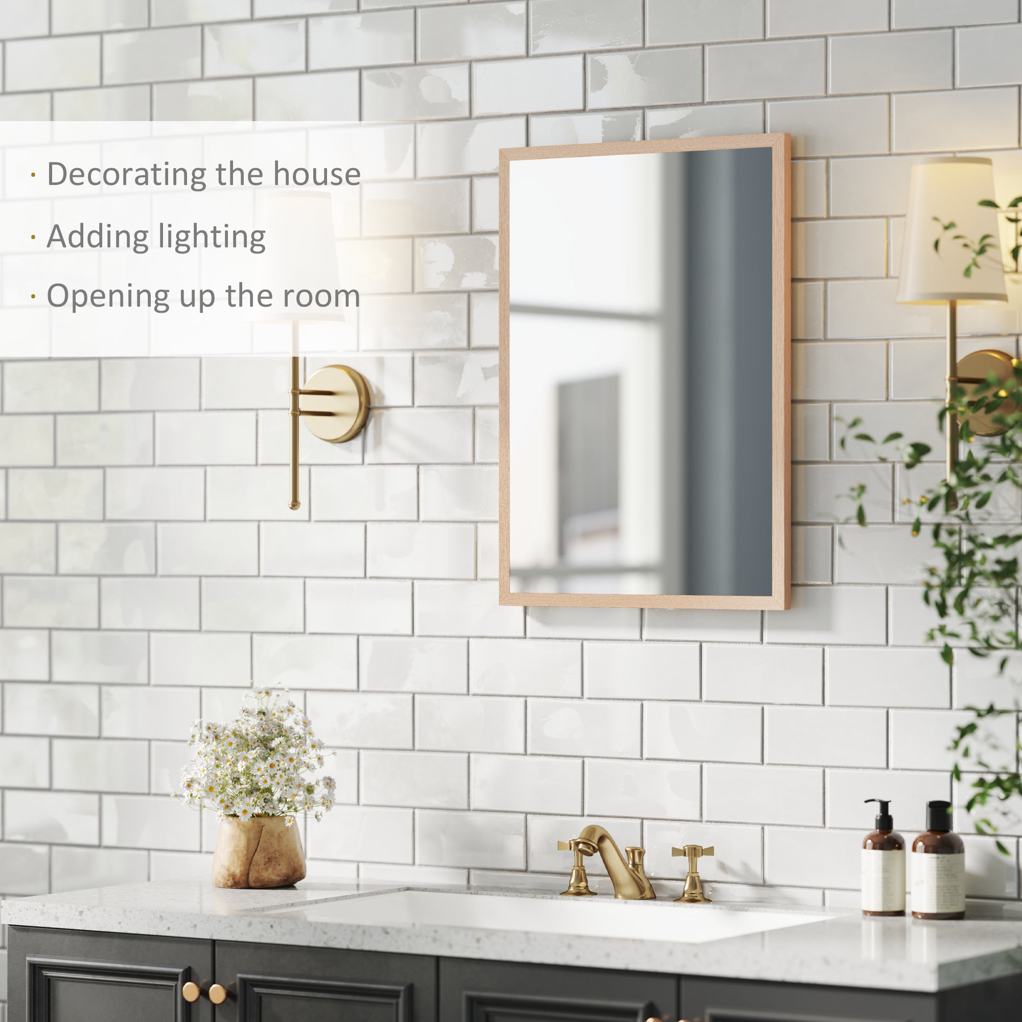 HOMCOM Wall Bathroom Mirror, 70 x 50 cm Wall-Mounted Mirror for Living Room, Bedroom, Hallway, Natural Wood 