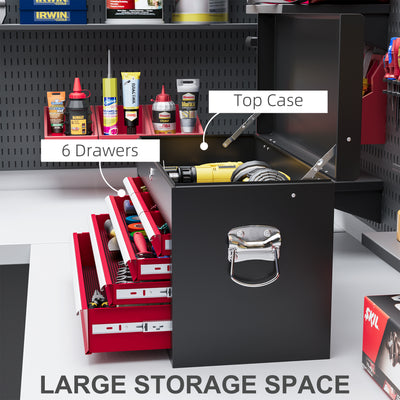 HOMCOM Steel Six Drawer Tool Storage Carry Chest, with Lock and Keys - Red 