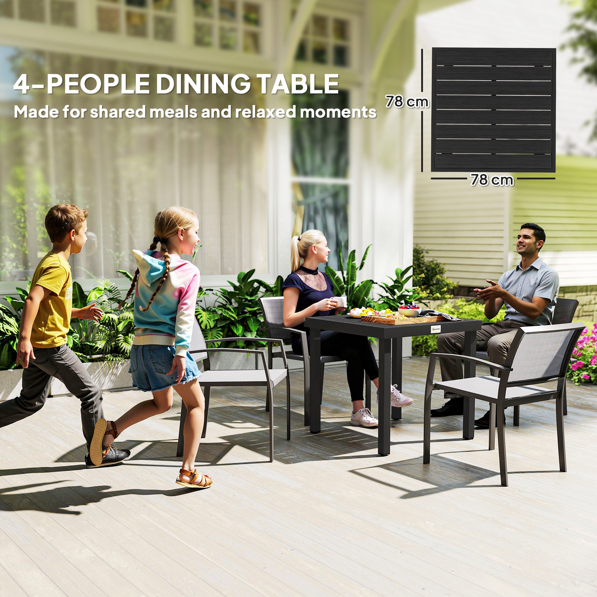 Outsunny 78 cm Garden Dining Table for 4 People, Square Outdoor Coffee End Side Table with Aluminium Legs, Black 