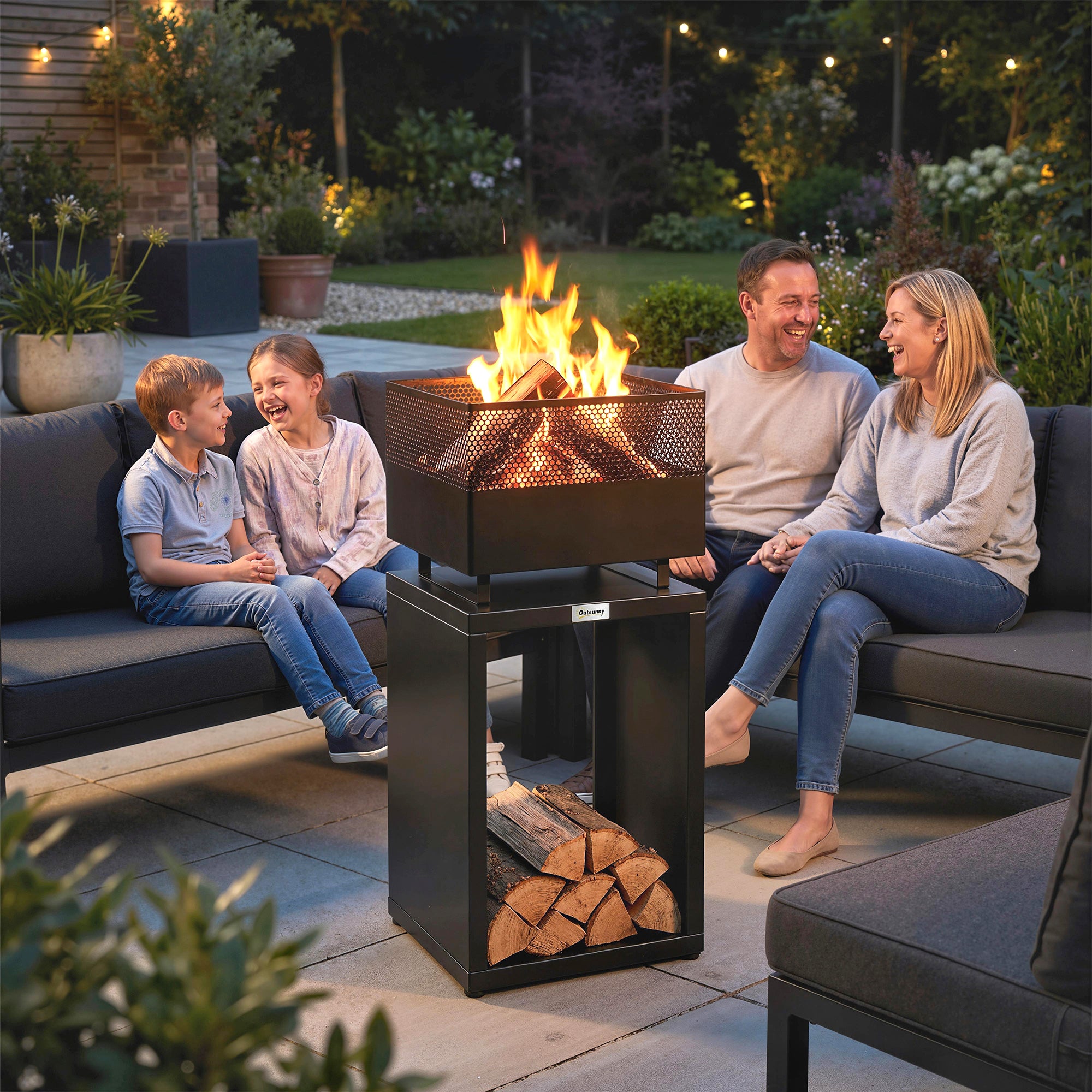 Outsunny Outdoor Fire Pit with Wood Storage Wood Burning Firepit with Mesh Sides 87 cm Black 