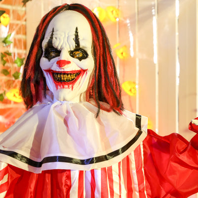 Outsunny 165 cm Life Size Halloween Animated Clown with Red Light Up Eyes, Sound Activated Moving Body, Scary Clown Halloween Decorations, Battery Operated, Indoor Party Props 