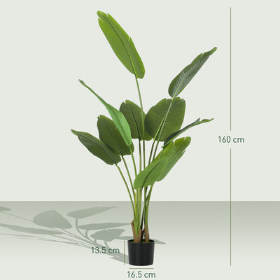 HOMCOM 160cm Tall Artificial Bird of Paradise Plant, Faux Banana Leaf Tree with PEVA Leaves and Flocking, Decorative Palm Tree in Pot for Home Office Decor, Green 