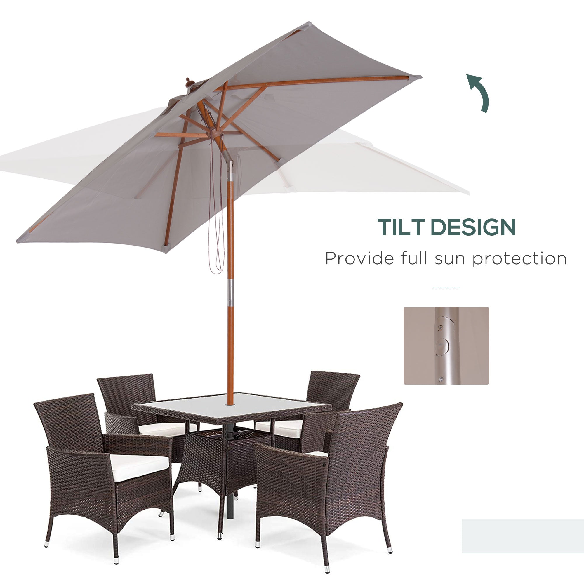 Outsunny 2m x 1.5m Garden Parasol Umbrella with Tilting Sunshade Canopy, Outdoor Market Table Umbrella with Wood and Bamboo Frame, Grey 