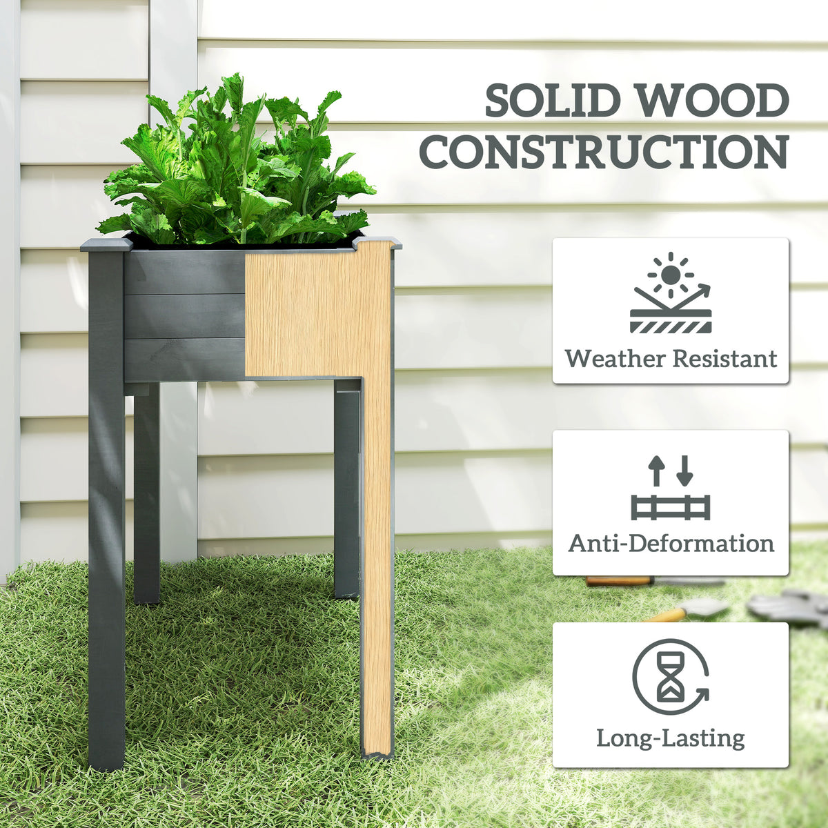 Outsunny Raised Bed for Garden, Wooden Elevated Planter Box with Bed Liner, for Flower Vegetable Herb, Dark Grey 