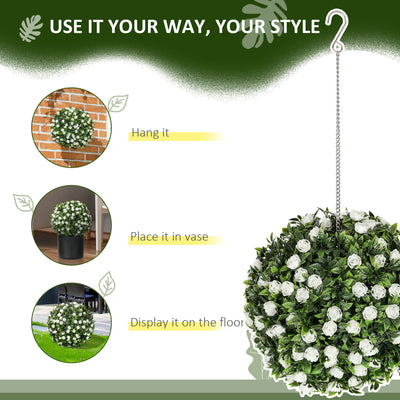 HOMCOM Set of 2 Decorative Artificial Plants, UV-protected Artificial Plant Topiary Rose Balls, Fake Plants for Home Indoor outdoor Decor, 28cm, White 