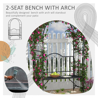 Outsunny Garden Metal Arch Bench Outdoor Patio Rose Trellis Arbour Pergola for Climbing Plant Antique Style 2-Seater Chair, Black 