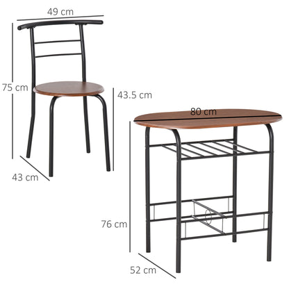 HOMCOM 3-Piece Dining Table Set , Metal Frame Wood Top Breakfast Bar Table Set for 2, Dining Table w/Storage Shelf & 2 chairs 