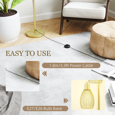 HOMCOM 3-Light Floor Lamp, 170cm Industrial Dimmable Standing Lamp with Steel Wire Cage Lampshades for Living Room, Bedroom, Dining Room, Study, Gold Tone 