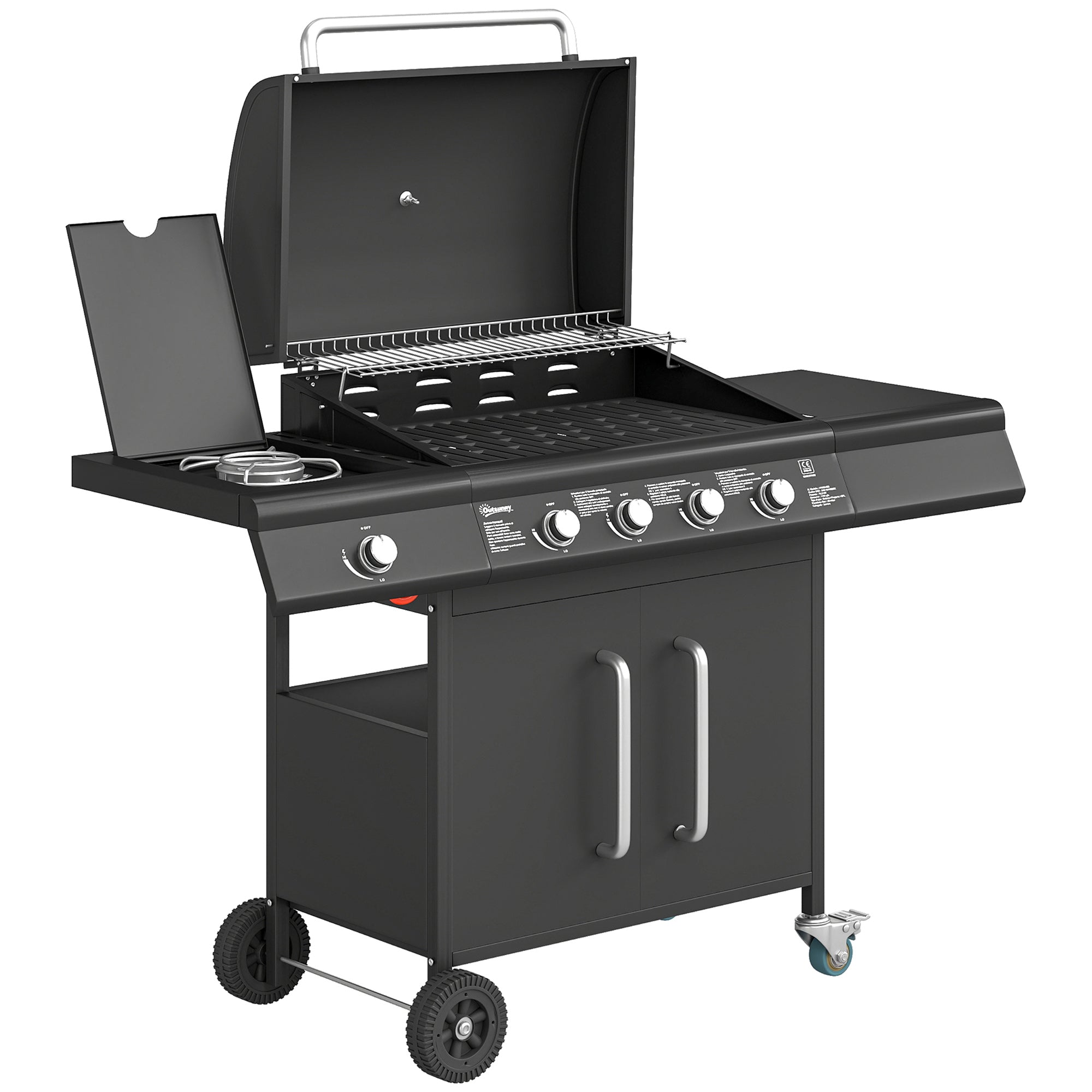 Outsunny 4+1 Burner Gas BBQ Grill with Storage Cabinet, 15.2 kW Gas Barbecue Trolley with Side Table, 4 Wheels, Warming Rack 